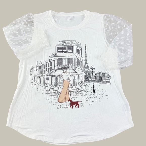 Love & Lace Tops - Love&Lace Paris Graphic Top Women XL Polka Dot Mesh Sleeve Casual Chic Coquette